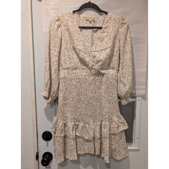 Stichic Floral Mini Dress Smocked Ruffle Long Sleeve V Neck Cream‎ Size M 0189 - Picture 1 of 5